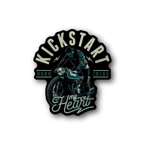 Motorcycle vinyl sticker with rider, bike illustration, and bold blue text