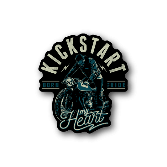 Motorcycle vinyl sticker with rider, bike illustration, and bold blue text
