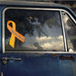 Yellow awareness ribbon vinyl sticker with small black text