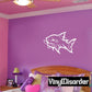 Kids approaching shark decal with two white sharks and fin details