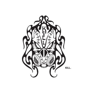 Graffiti gas mask decal with flames, bold black design and 'KILL.' text