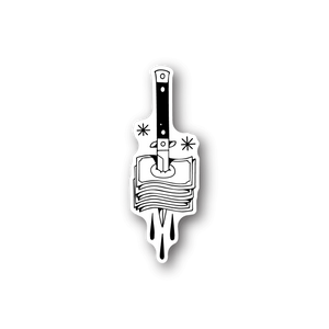 Vinyl sticker with white candle-like icon and ink drip lines on dark outline