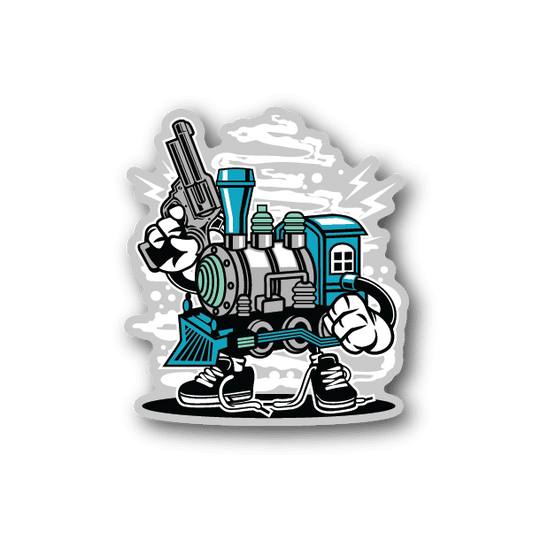 Vinyl sticker of a teal steam train with smoke and cartoon engine graphic
