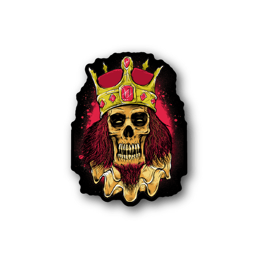 Skull vinyl sticker with gold crown and red mane, colorful detailed illustration