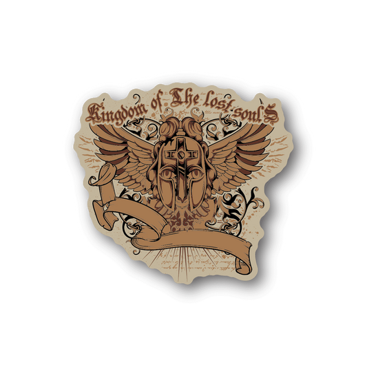 Ornate vinyl sticker with skull mask, wings, banner text, and decorative border