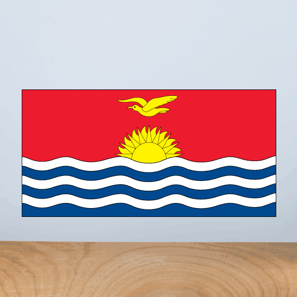 Kiribati flag sticker with red field, golden sun, yellow bird, and blue wavy stripes