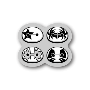 Vinyl sticker with four black-and-white circular symbols on a gray background