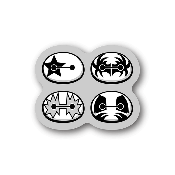 Vinyl sticker with four black-and-white circular symbols on a gray background
