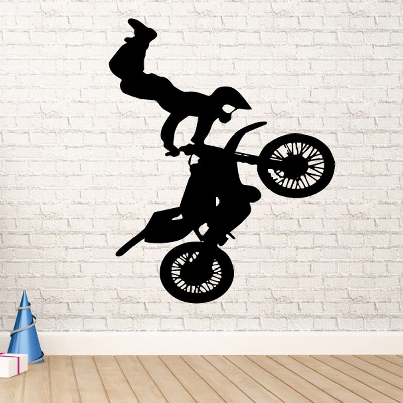 Black dirt bike decal with rider silhouette and two spoked wheels