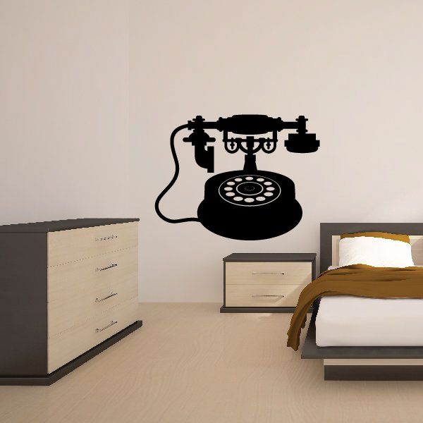 Kitchen telephone wall decal, black rotary phone silhouette with cord