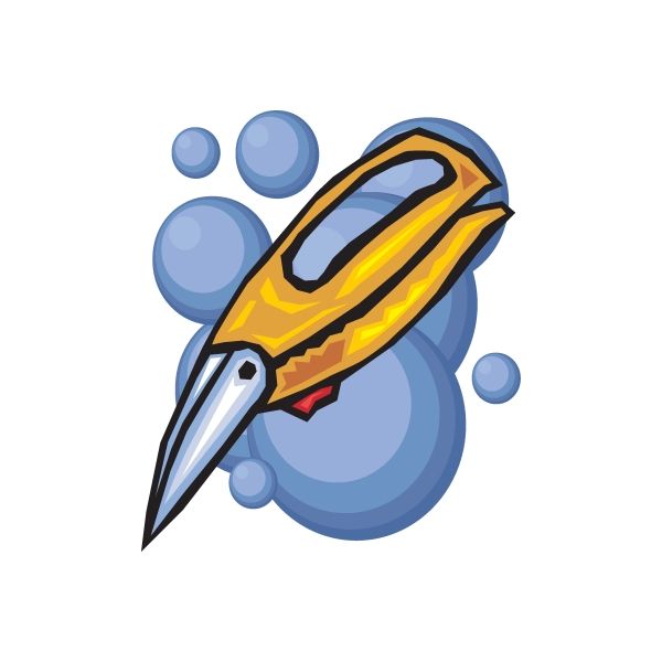 Kitchen scissors sticker with cartoon blue bubbles and black-yellow accents