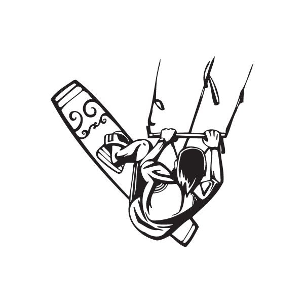Kitesurfing decal: black line-drawn kitesurfer with kite handles and board