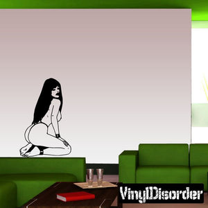 Kneeling damsel in distress wall decal, black silhouette with line details
