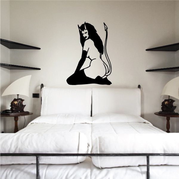 Kneeling devil girl wall decal, black silhouette with trident