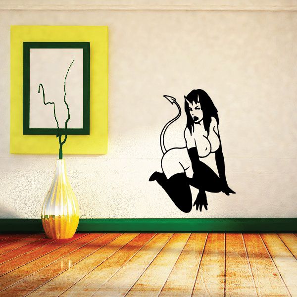 Kneeling devil girl decal, long black hair, boots, raised tail pose