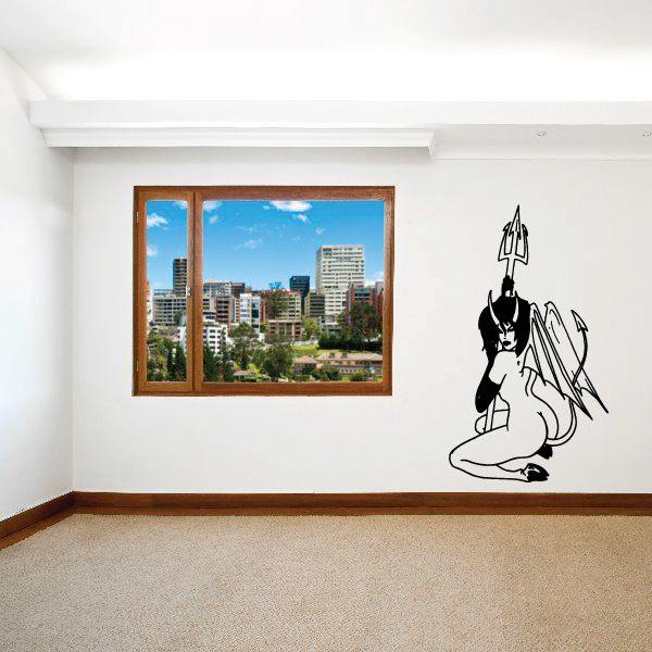 Kneeling devil girl with pitchfork decal, black silhouette in heels