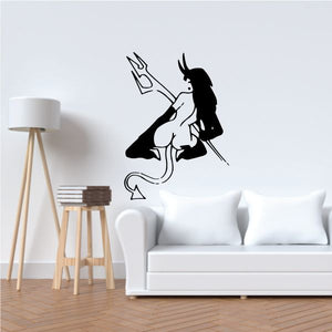 Kneeling devil girl with spear wall decal, black silhouette