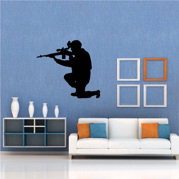Kneeling soldier aiming decal wall sticker with black rifle silhouette