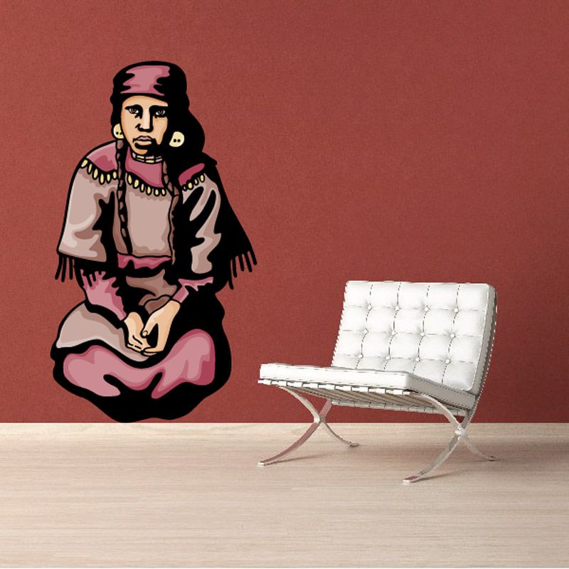 Kneeling Native American woman sticker, illustrated figure with bead necklace and long skirt