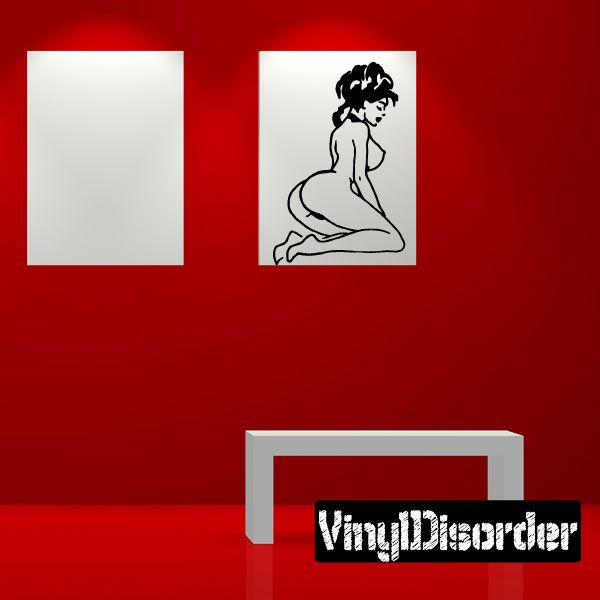 Kneeling pinup woman wall decal with black line-art illustration