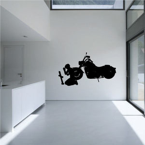 Praying kneeling motorcycle rider wall decal, black silhouette