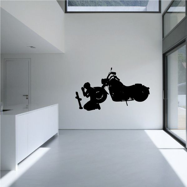 Praying kneeling motorcycle rider wall decal, black silhouette