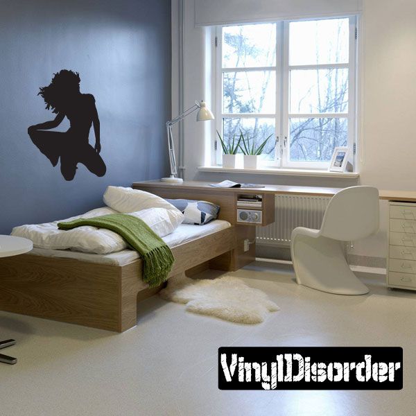 Kneeling woman in dress silhouette wall decal, dark black profile