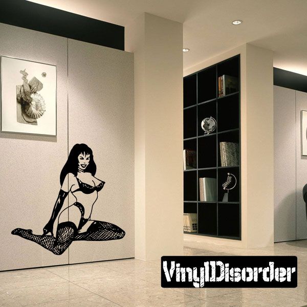 Kneeling woman fishnet lingerie wall decal, black graphic silhouette