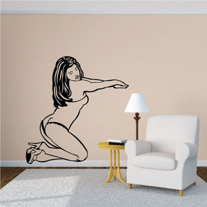 Kneeling woman lingerie wall decal in black line art, arms extended forward