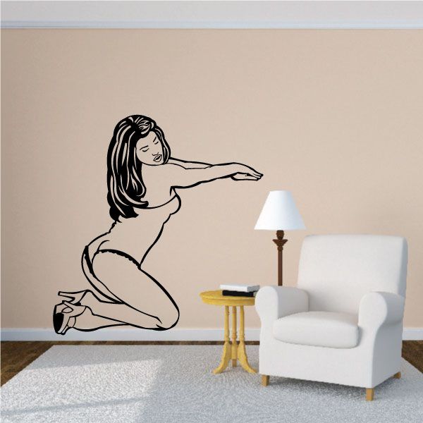 Kneeling woman lingerie wall decal in black line art, arms extended forward