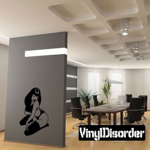 Pinup lingerie woman wall decal, kneeling pose in black