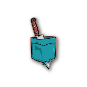 Knife-in-pocket vinyl sticker with teal pocket and brown knife handle