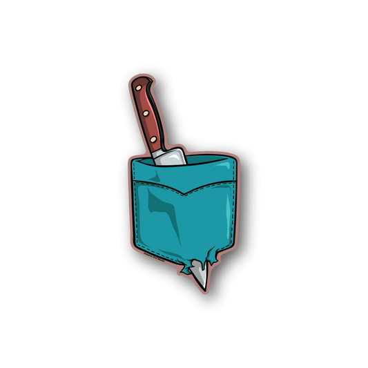 Knife-in-pocket vinyl sticker with teal pocket and brown knife handle