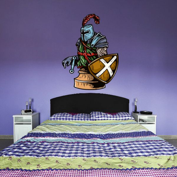 Knight chess piece sticker: blue-armored knight with sword and shield graphic