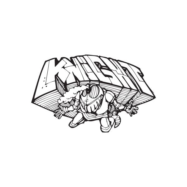 Graffiti knight decal with armored character and sword, black and white
