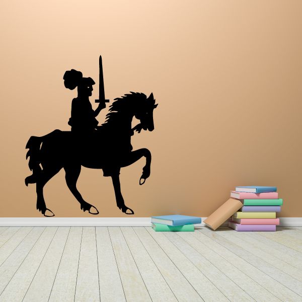 Knight on horseback decal, black silhouette of rider and horse