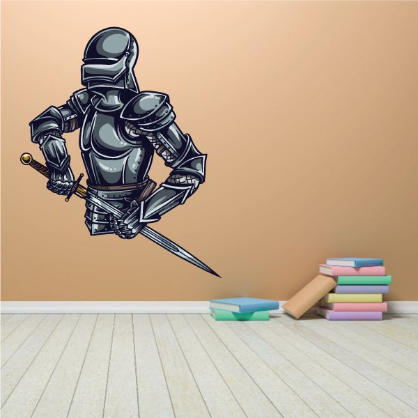 Knight in dark armor holding a sword sticker, cartoon style