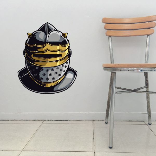 Knight armor helmet sticker, dark gray helmet with gold trim and white face plate