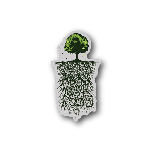 Tree vinyl sticker with green canopy and detailed roots, white outline