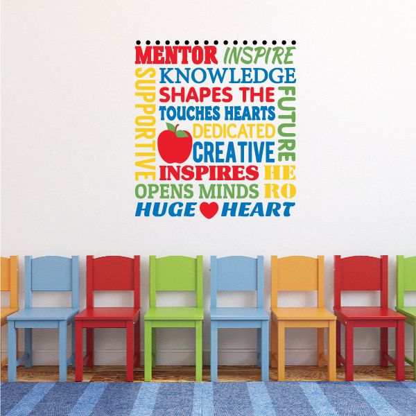 Colorful knowledge word-collage wall decal with stacked uppercase phrases in red, blue, green
