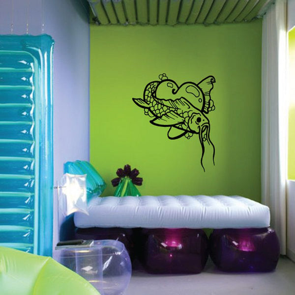 Koi fish around heart wall decal in black line art