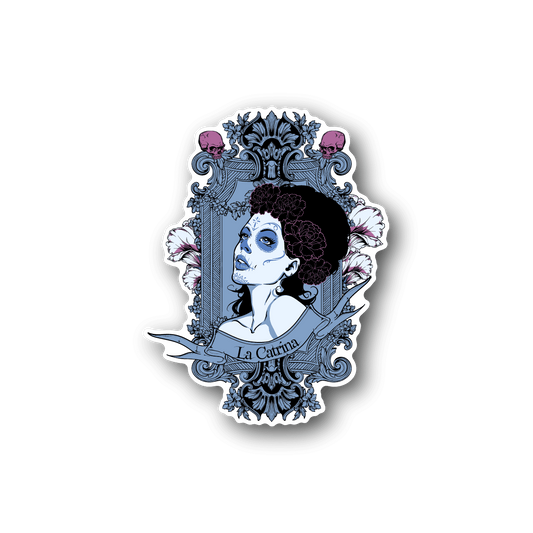 Vinyl sticker of La Catrina portrait in blue with ornate frame and floral curls