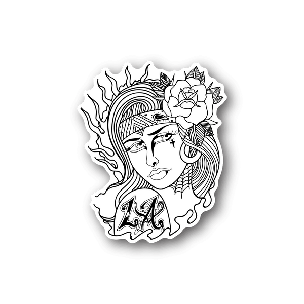 Vinyl sticker with black-and-white portrait, roses, and line-art hair