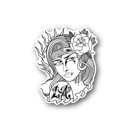 Vinyl sticker with black-and-white portrait, roses, and line-art hair