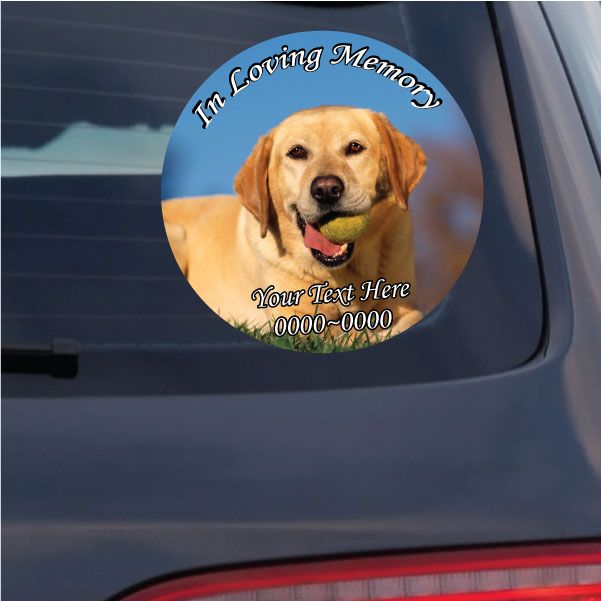 Round memorial sticker with yellow Labrador and In Loving Memory text