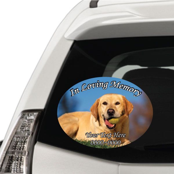 Oval loving memory sticker with yellow Labrador and In Loving Memory text
