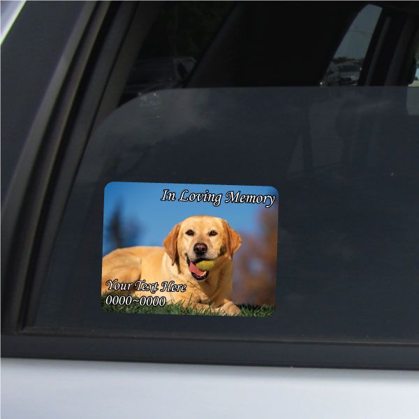Rounded rectangle memorial sticker with golden Labrador portrait and 'In Loving Memory' text
