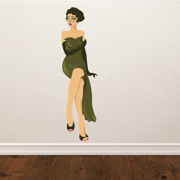 Dark green off-shoulder dress lady sticker, standing pose with heels