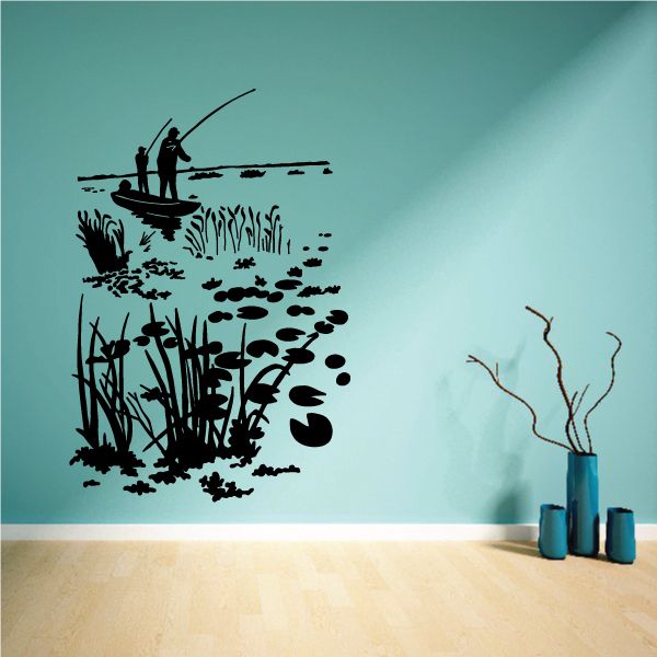 Fishing boat decal with anglers silhouette and pond reeds, black design