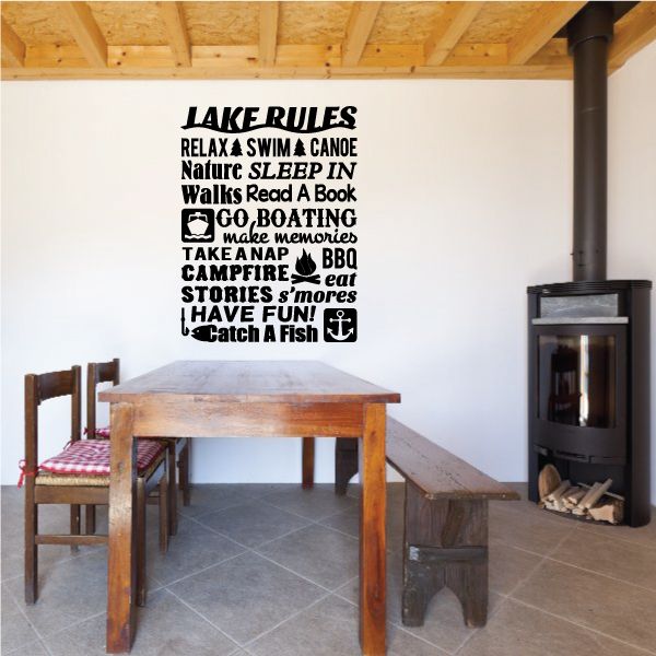 Lake Rules wall decal with bold black quote text for lake activities and camping